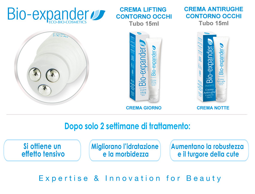 Bio-expander eco-bio-cosmetics. crema lifting contorno occhi, tubo 15 ml, crema giorno. crema antirughe contorno occhi, tubo 15 ml, crema notte. Dopo solo 2 settimane di trattamento: si ottiene un effetto tensivo, migliorano l'idratazione e la morbidezza, aumentano la robustezza e il turgore della cute. Expertise & Innovation for beauty